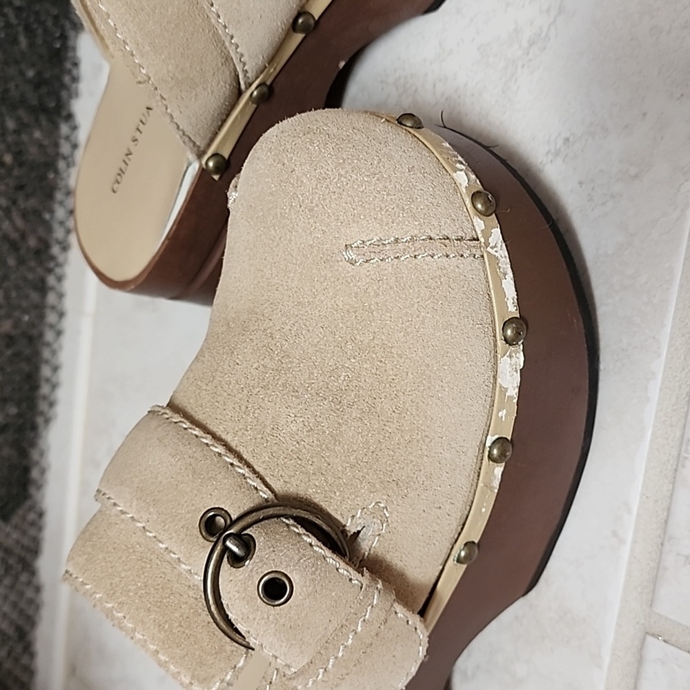 Colin Stuart Light Tan Nubuck Platform Mules - image 2